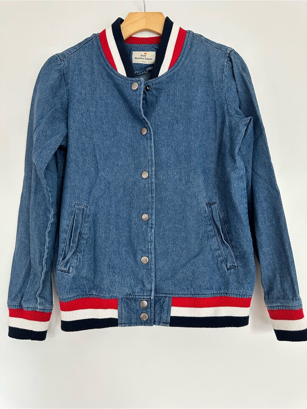 Marine Layer denim bomber jacket, small